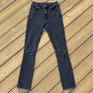 Asos 28/36 Tall Long Ripped Knee Distressed Frayed Hem Skinny Jeans - Black